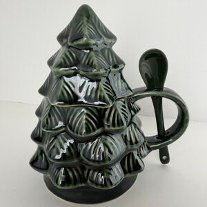 Tabletops Gallery Green Christmas Tree Shaped Stoneware Mug, Top, & Spoon w/ Box